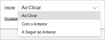 O seletor pendente Iniciar ao aplicar uma animação no PowerPoint na Web.