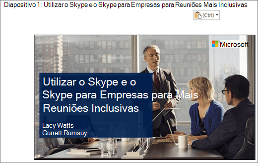 Clip de ecrã do novo Word documento a mostrar o diapositivo 1 com o título do diapositivo, O diapositivo apresentado na imagem contém o título do diapositivo, os nomes dos apresentadores e uma imagem de fundo dos empresários à volta de uma tabela de conferências.