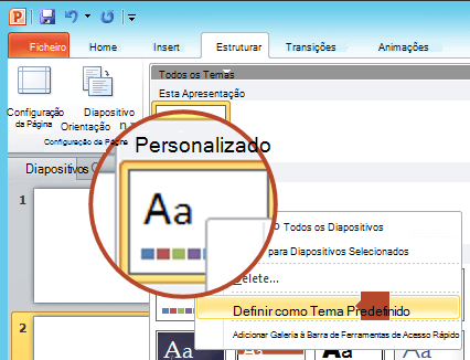 Clique com o botão direito do rato no novo tema listado no cabeçalho Personalizado e, em seguida, selecione Definir como Tema Predefinido.