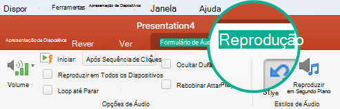 Quando um clip de áudio estiver selecionado num diapositivo, o separador Reproduzir é apresentado no friso da barra de ferramentas para definir opções de reprodução.