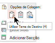 Em Opções de Colagem, selecione a primeira opção, Utilizar Tema de Destino