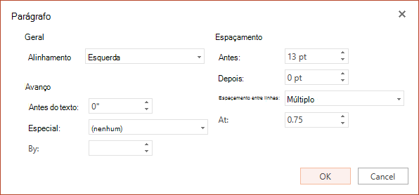 A caixa de diálogo Parágrafo tem opções para definir o alinhamento horizontal, o avanço na margem esquerda e o espaçamento entre linhas.