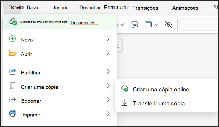 Utilizar Transferir uma Cópia para guardar a apresentação no seu computador