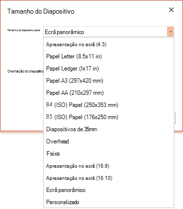 Opções de tamanho de diapositivo no PowerPoint Online
