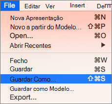 Mostra o Menu Guardar Como de Ficheiro > no PowerPoint 2016 para Mac.