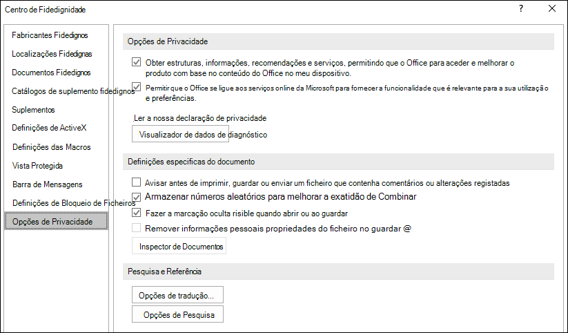 Opções de Privacidade do Centro de Confiança do Office