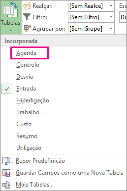 Entrada Agenda no menu Tabelas