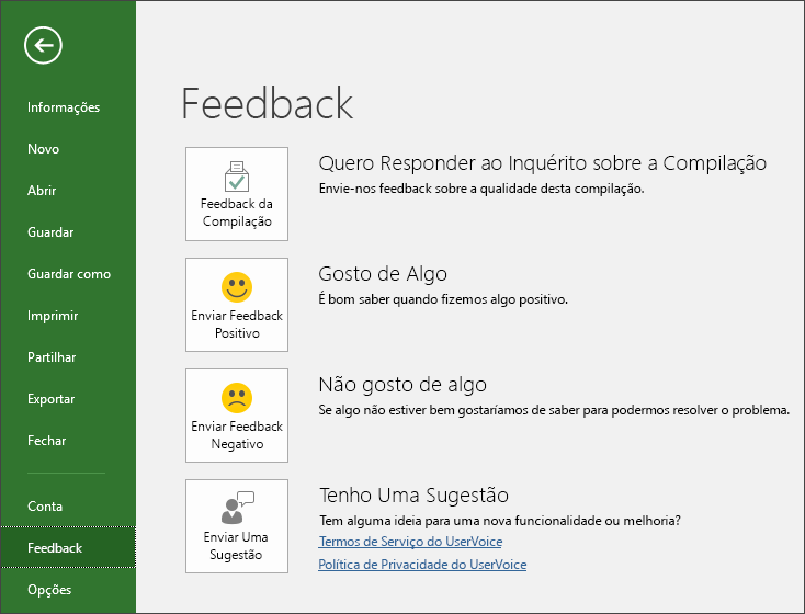 Clique em Enviar > Comentários para fornecer comentários ou sugestões sobre o Microsoft Project