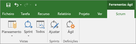 Captura de ecrã do friso do Project a mostrar o separador Ferramentas Ágil