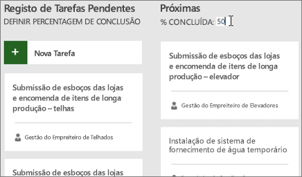 Captura de ecrã a mostrar o Quadro de Tarefas com o cursor a introduzir o número 50 na caixa % Concluída