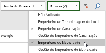 Captura de ecrã a mostrar o menu pendente Filtrar Recursos no Quadro de Tarefas com dois recursos selecionados