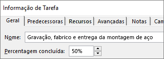Captura de ecrã de uma caixa de diálogo Detalhes da Tarefa de tarefas a mostrar a Percentagem de conclusão