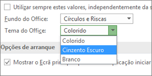 Menu pendente de temas do Office, opções de tema: Colorido, Cinzento-escuro e Branco