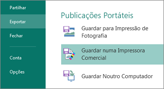 Clique em Ficheiro, Exportar para ver as opções de Publicações Portáteis.