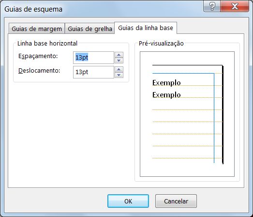 'Guias de esquema' do Publisher a mostrar o separador 'Guias de linha de base'