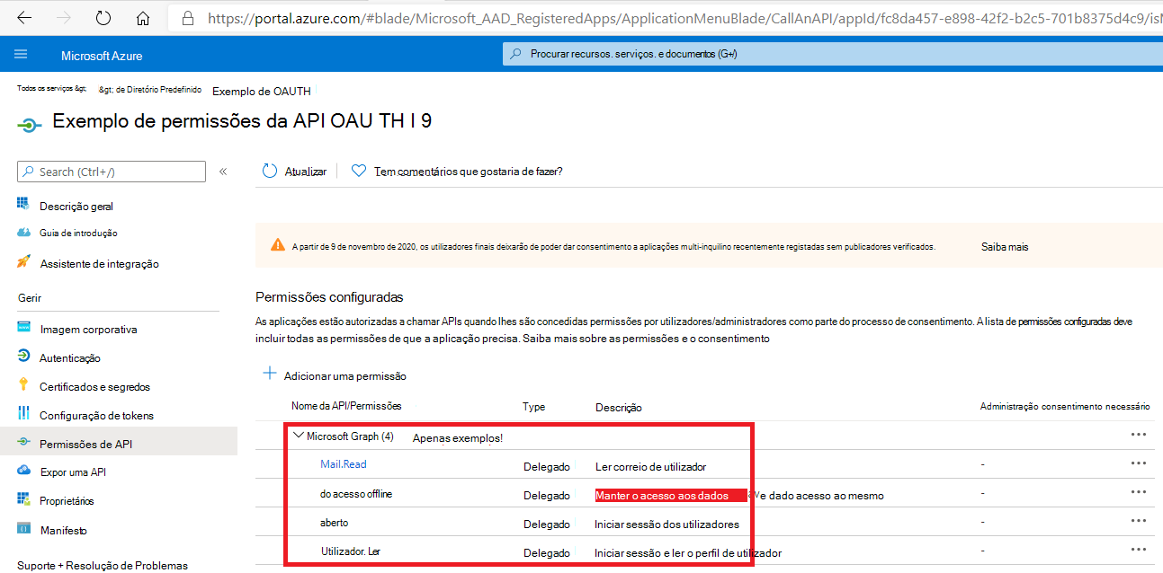 Azure Âmbitos de Permissões de Aplicações do Active Directory