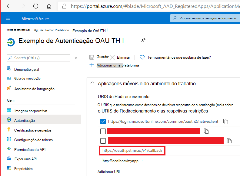 URI de Redirecionamento do Registo de Aplicações do Azure Active Directory