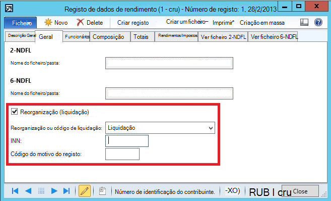 Dados de reorganização da empresa no registo de dados do Rendimento