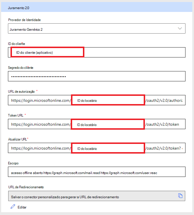 Preencher entradas no OAUTH do Conector Personalizado com valores definidos anteriormente: ID de Cliente AuthCode URL UrL Atualizar URL Âmbito do URL
