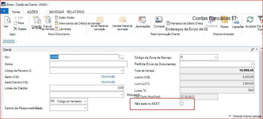 Informações sii no Cartão de Cliente
