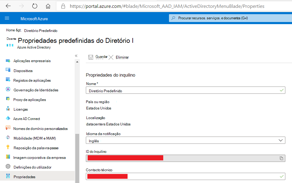 Obter TenantId no separador Propriedades no painel Azure Active Directory