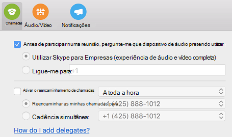 Como devo proceder para adicionar delegados? ligação de ajuda na página Chamadas da caixa de diálogo Preferências