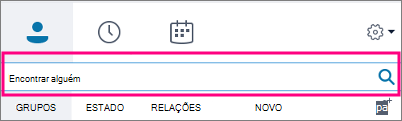 Quando a caixa Procurar do Skype para Empresas está vazia, estão disponíveis os separadores Grupos, Estado, Relações e Novo.