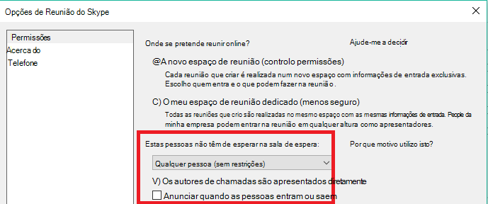 Reunião do Skype separador Opções Permissões com opções da sala de espera realçadas