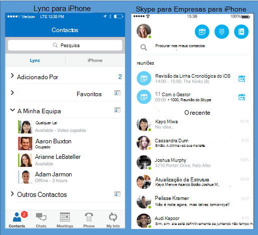 Capturas de ecrã lado a lado do Lync e do Skype para Empresas