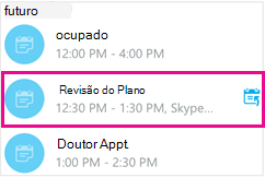 Ecrã das Próximas reuniões com uma reunião realçada