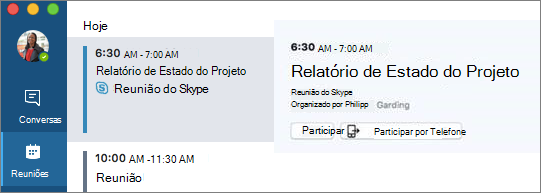Opção Participar por Telefone no separador Reuniões