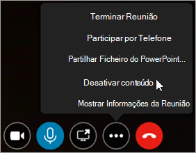 Exemplo de como desativar ou participar no conteúdo da reunião