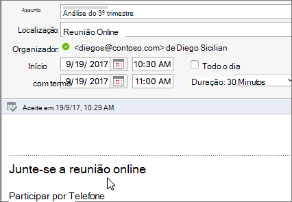 Captura de ecrã de uma caixa de diálogo de reunião a mostrar a ligação de reunião Participar online.