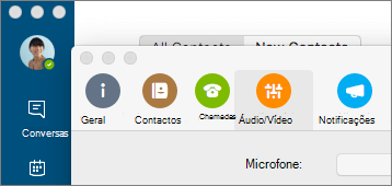 Captura de ecrã a mostrar Skype para Empresas ecrã Preferências, com o painel Áudio/Vídeo selecionado.