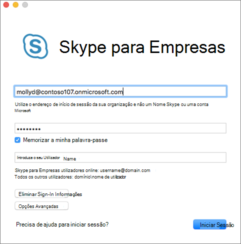Ecrã de início de sessão do Skype para Empresas para Mac