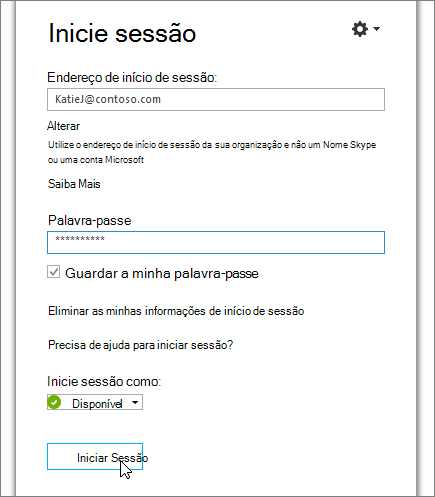Captura de ecrã a mostrar onde introduzir a palavra-passe no ecrã de início de sessão Skype para Empresas.