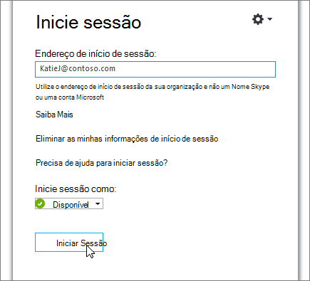 Uma captura de ecrã a mostrar o botão Iniciar Sessão no ecrã iniciar sessão Skype para Empresas.