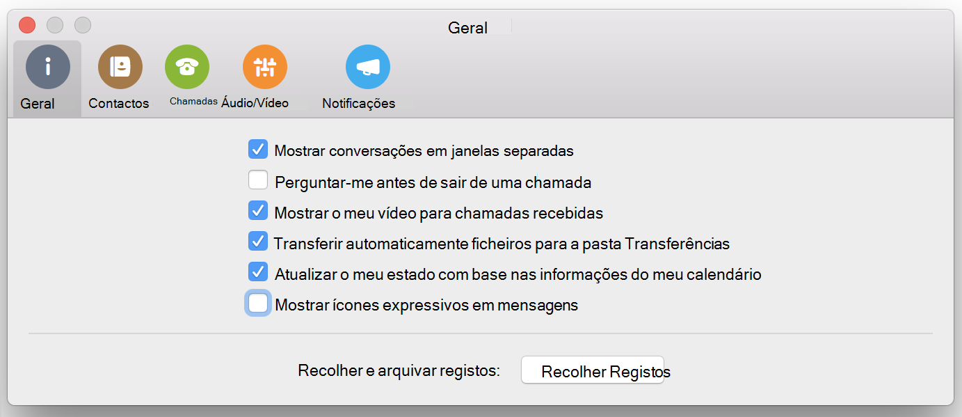 Caixa de verificação Mostrar ícones expressivos em mensagens na página Geral das Preferências