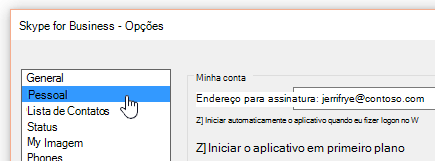 A janela Opções no Skype para Empresas com o separador Pessoal selecionado.