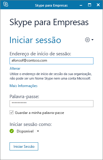 Captura de ecrã do ecrã de início de sessão do Skype para Empresas.