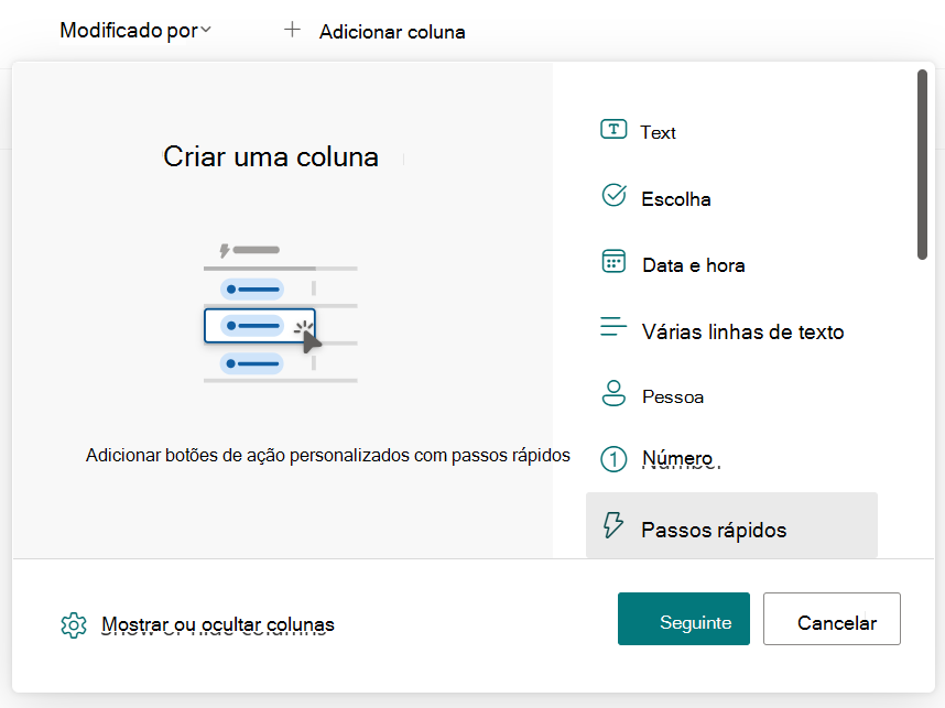 Captura de ecrã a mostrar Menu para selecionar a coluna passos rápidos.