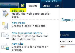 Comando Editar Página no menu Ações do Site