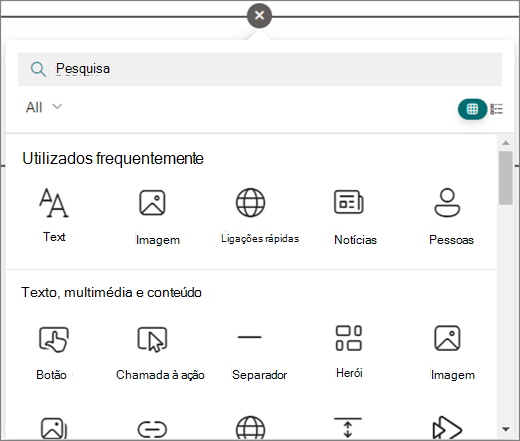 Selecione o círculo numa página do SharePoint que está a editar para ver as peças Web disponíveis.