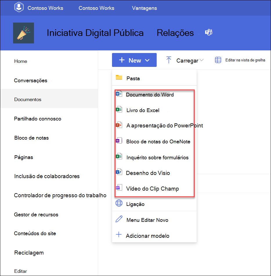 captura de ecrã do menu pendente para adicionar novos ficheiros