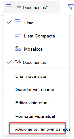 Captura de ecrã da opção Adicionar Remover Campos