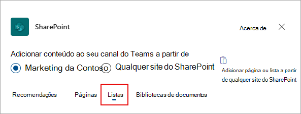 Selecione Listas para adicionar listas ao seu canal do Teams.