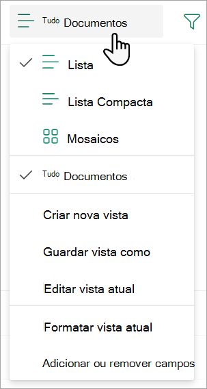 Captura de ecrã a mostrar a lista pendente Da vista Todos os Documentos utilizada para alterar uma vista de lista.