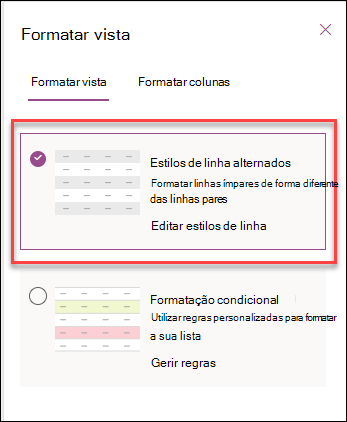 captura de ecrã a mostrar a formatação de linhas alternadas