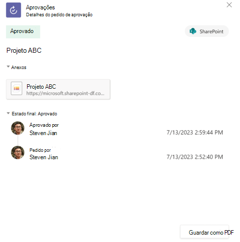 Captura de ecrã do Histórico de aprovações de itens de lista na aplicação.