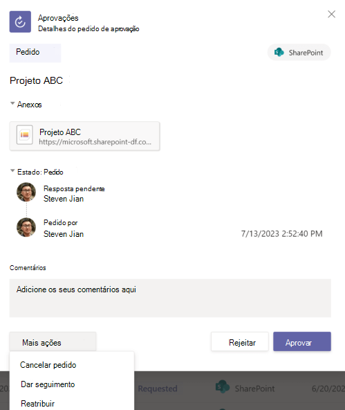 Captura de ecrã a mostrar os detalhes do pedido de aprovação na Aplicação.